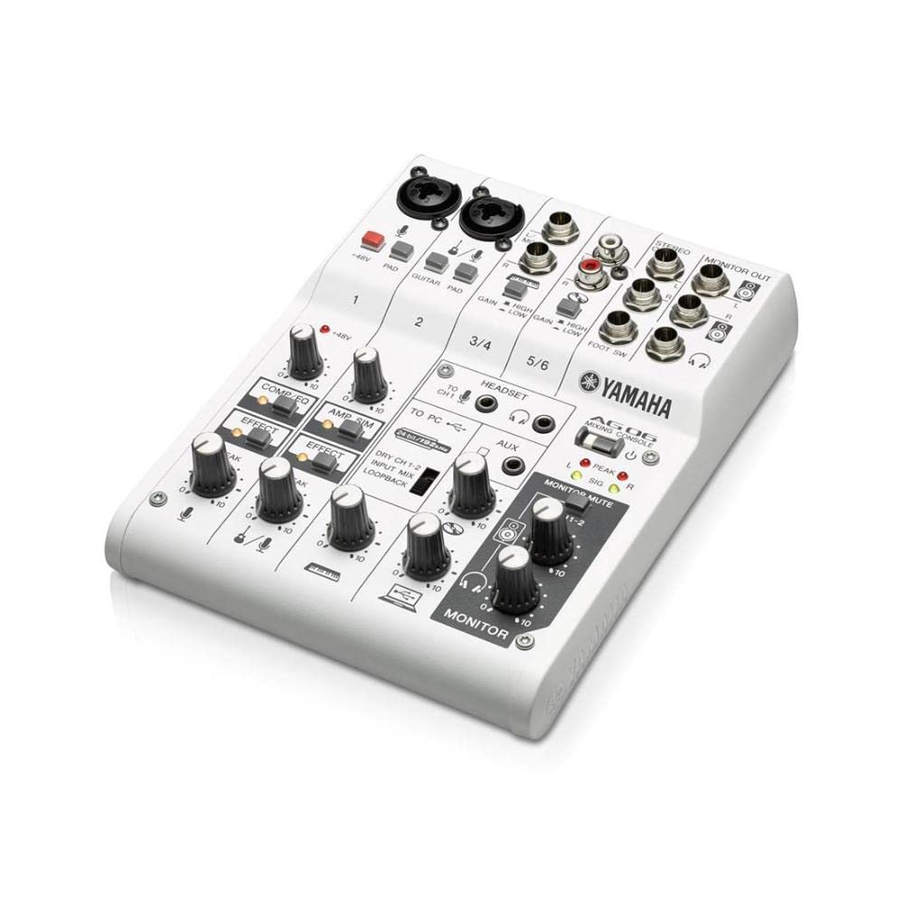 Yamaha AG06 6-Channel Studio Mixer with USB Audio Interface for Streaming, Recording and Music Production – White