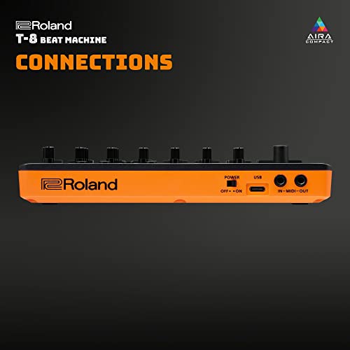 Roland AIRA Compact T-8 Beat Machine – Portable Rhythm and Bass Machine with TR-808, TR-909, TR-606 and TB-303 Sounds – Black/Orange