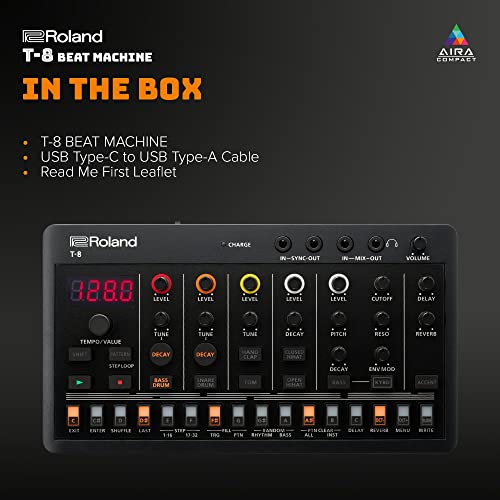 Roland AIRA Compact T-8 Beat Machine – Portable Rhythm and Bass Machine with TR-808, TR-909, TR-606 and TB-303 Sounds – Black/Orange