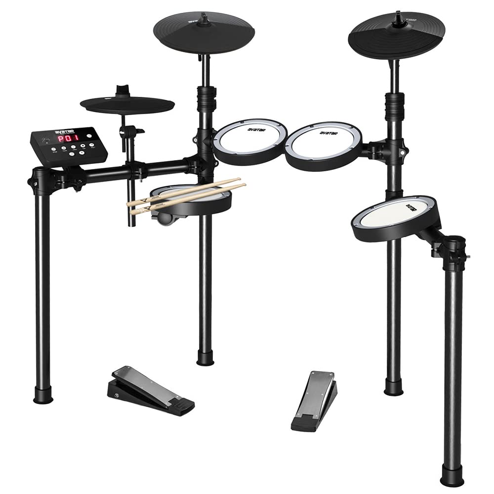 HXW SD61-4 Compact Electronic Drum Kit with Mesh Heads, 200+ Sounds, USB-MIDI, Solid Rack, Drum Key & Sticks