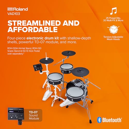 Roland VAD103 V-Drums Electronic Drum Kit with TD-07 Sound Module, Bluetooth & Mesh Heads – Black