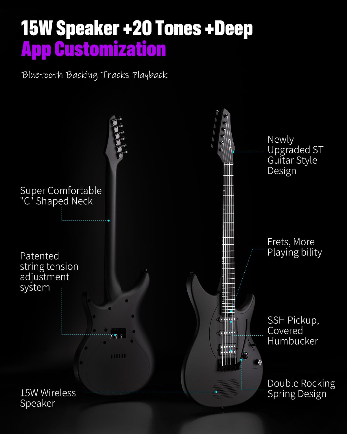 Enya Inspire 39 Inch Smart Electric Guitar – Carbon Fibre – Built-In 15W Speaker, Presets & Gig Bag