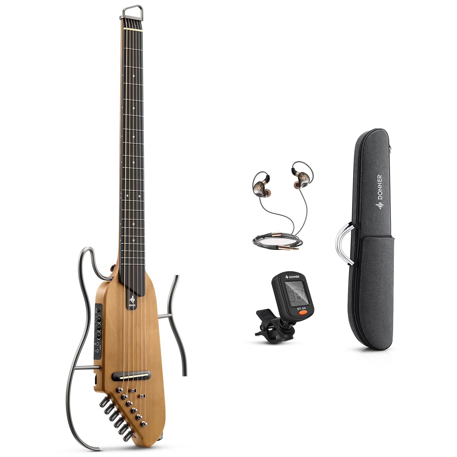Donner HUSH-I Travel Guitar – Ultra-Light Headless Acoustic-Electric – Maple Body with Removable Frames and Gig Bag
