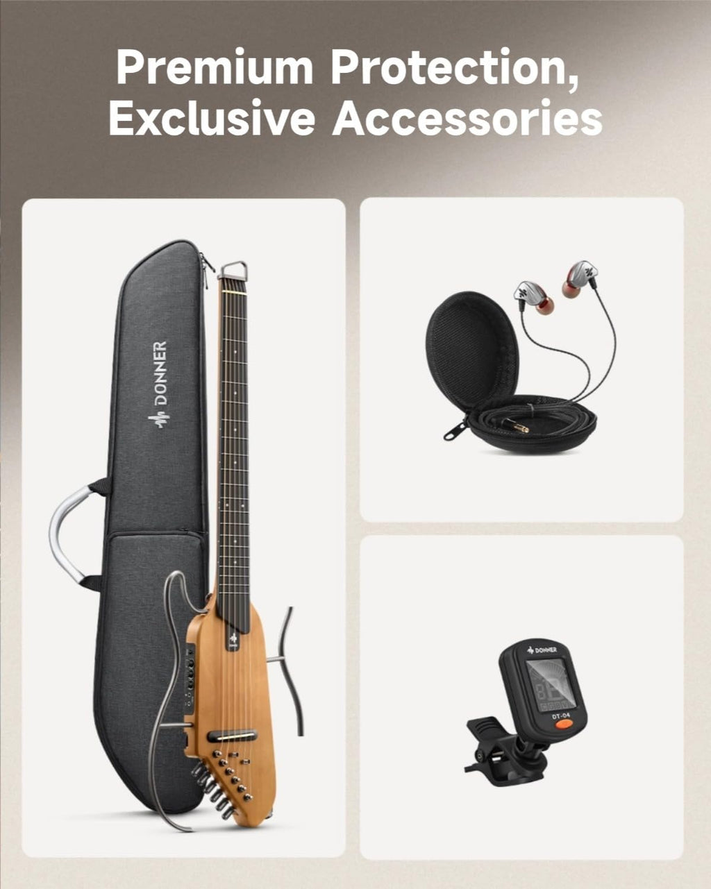 Donner HUSH-I Travel Guitar – Ultra-Light Headless Acoustic-Electric – Maple Body with Removable Frames and Gig Bag