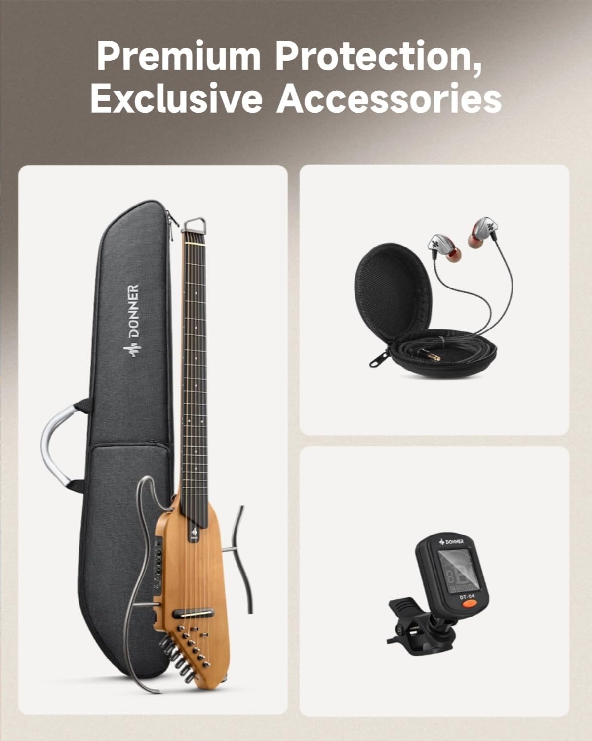 Donner HUSH-I Travel Guitar – Ultra-Light Headless Acoustic-Electric – Maple Body with Removable Frames and Gig Bag