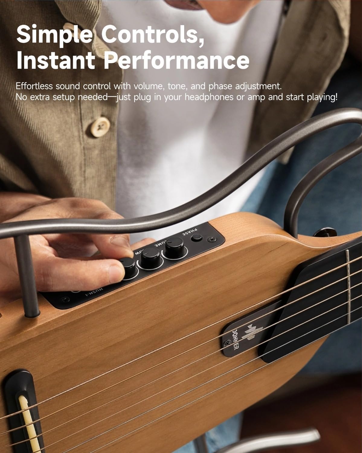 Donner HUSH-I Travel Guitar – Ultra-Light Headless Acoustic-Electric – Maple Body with Removable Frames and Gig Bag