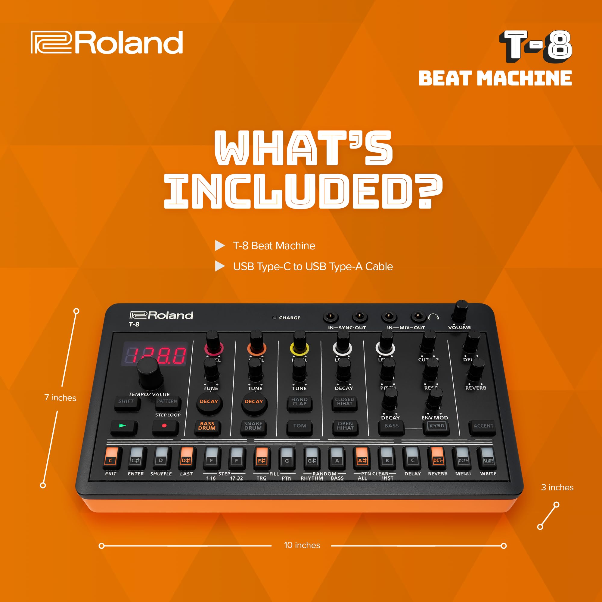 Roland AIRA Compact T-8 Beat Machine – Portable Rhythm and Bass Machine with TR-808, TR-909, TR-606 and TB-303 Sounds – Black/Orange