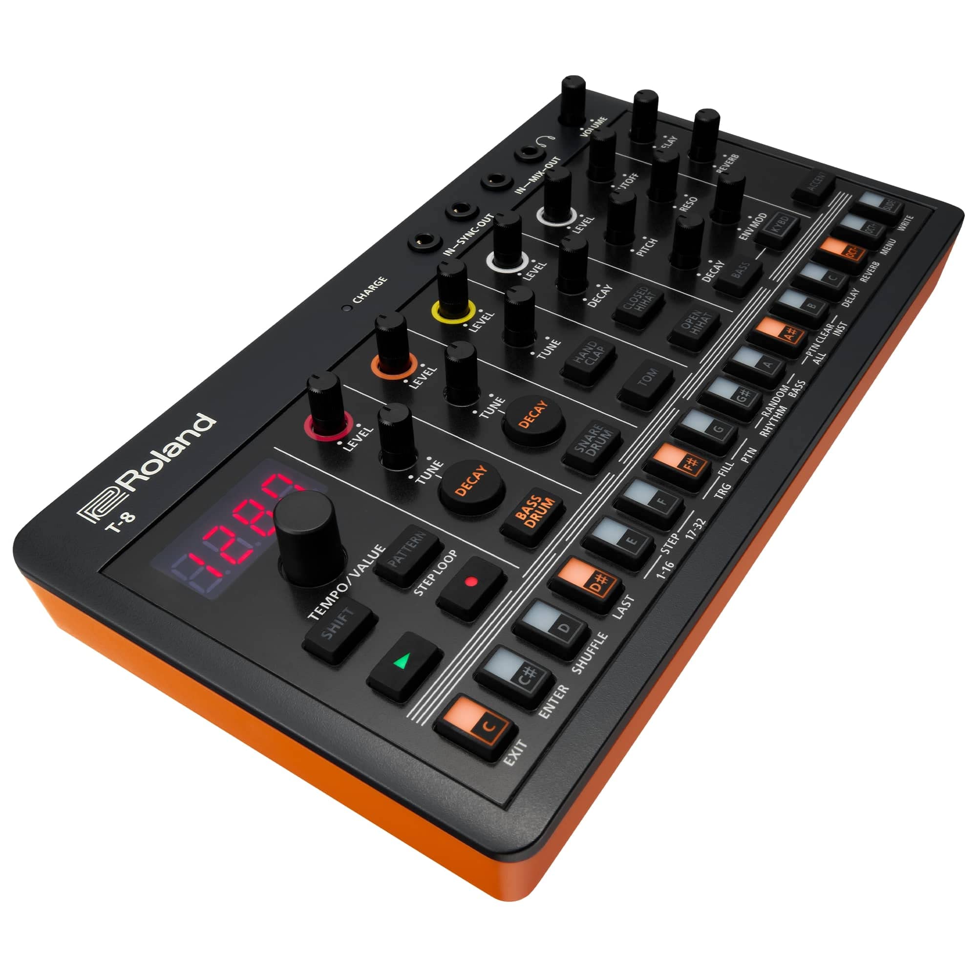 Roland AIRA Compact T-8 Beat Machine – Portable Rhythm and Bass Machine with TR-808, TR-909, TR-606 and TB-303 Sounds – Black/Orange
