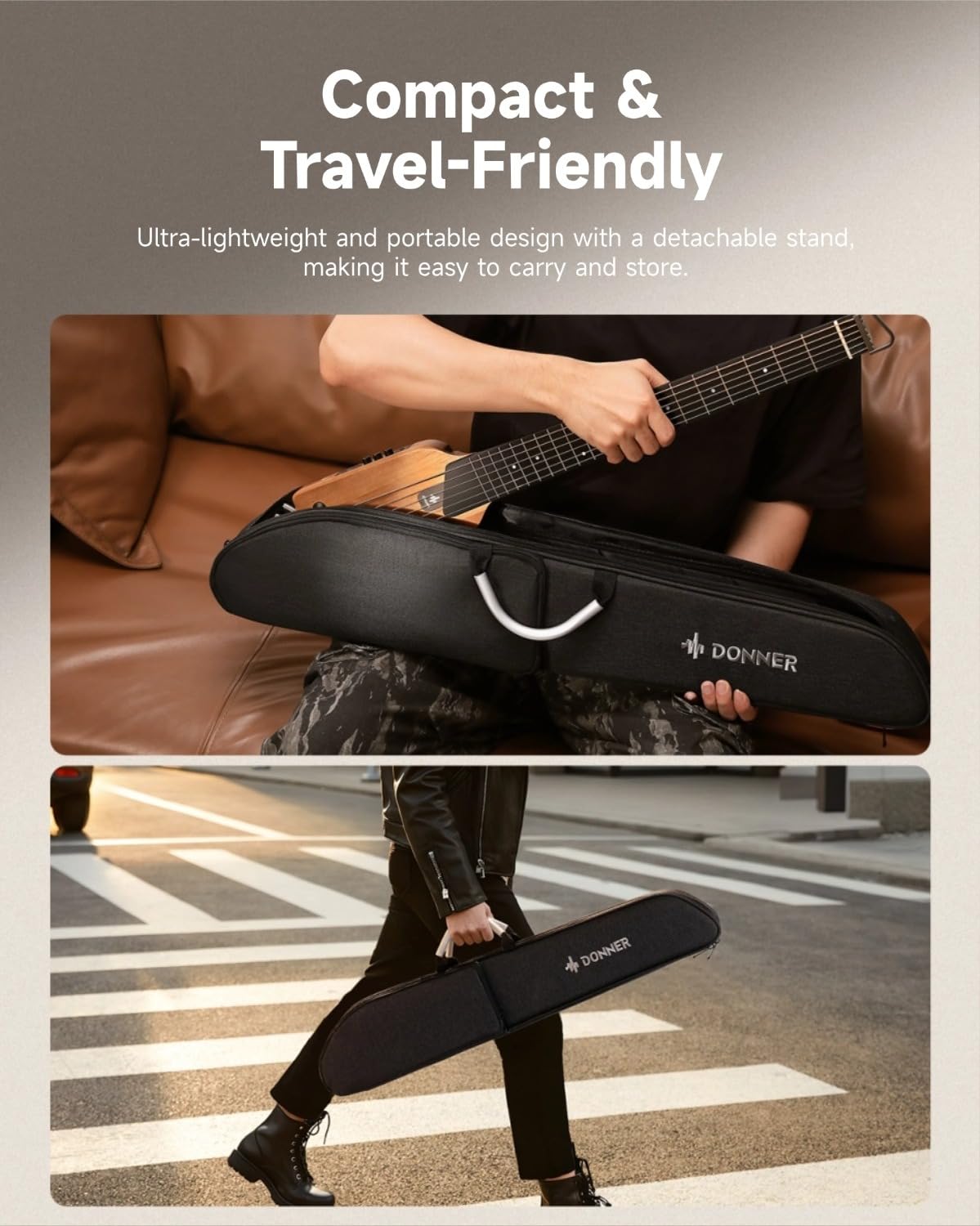 Donner HUSH-I Travel Guitar – Ultra-Light Headless Acoustic-Electric – Maple Body with Removable Frames and Gig Bag