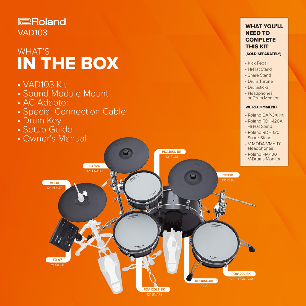 Roland VAD103 V-Drums Electronic Drum Kit with TD-07 Sound Module, Bluetooth & Mesh Heads – Black