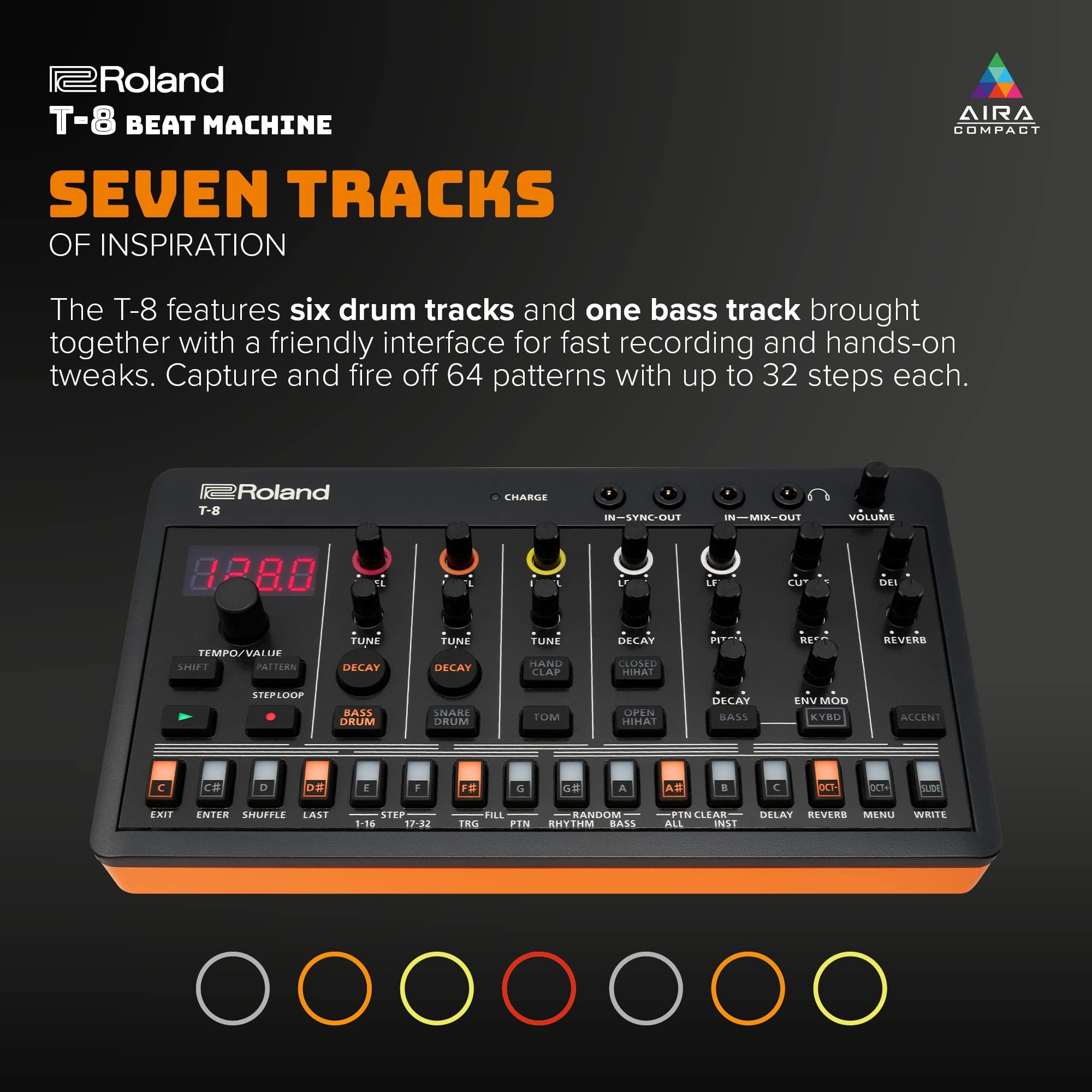 Roland AIRA Compact T-8 Beat Machine – Portable Rhythm and Bass Machine with TR-808, TR-909, TR-606 and TB-303 Sounds – Black/Orange