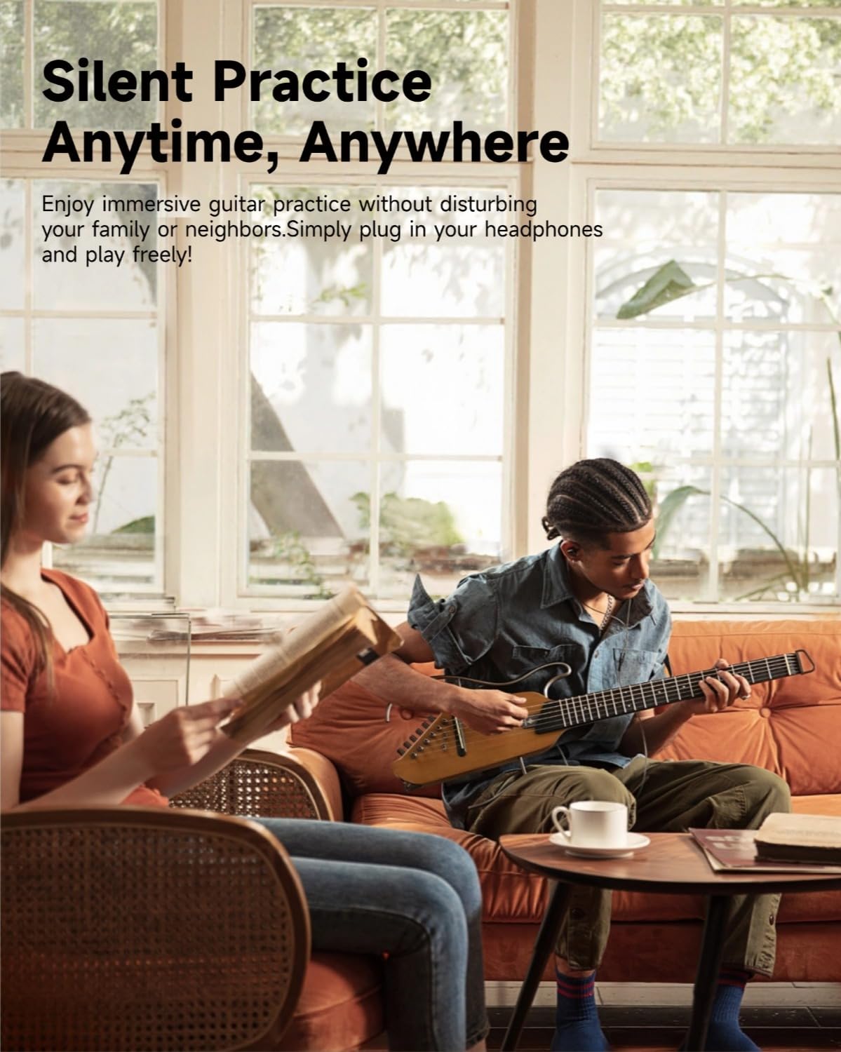 Donner HUSH-I Travel Guitar – Ultra-Light Headless Acoustic-Electric – Maple Body with Removable Frames and Gig Bag