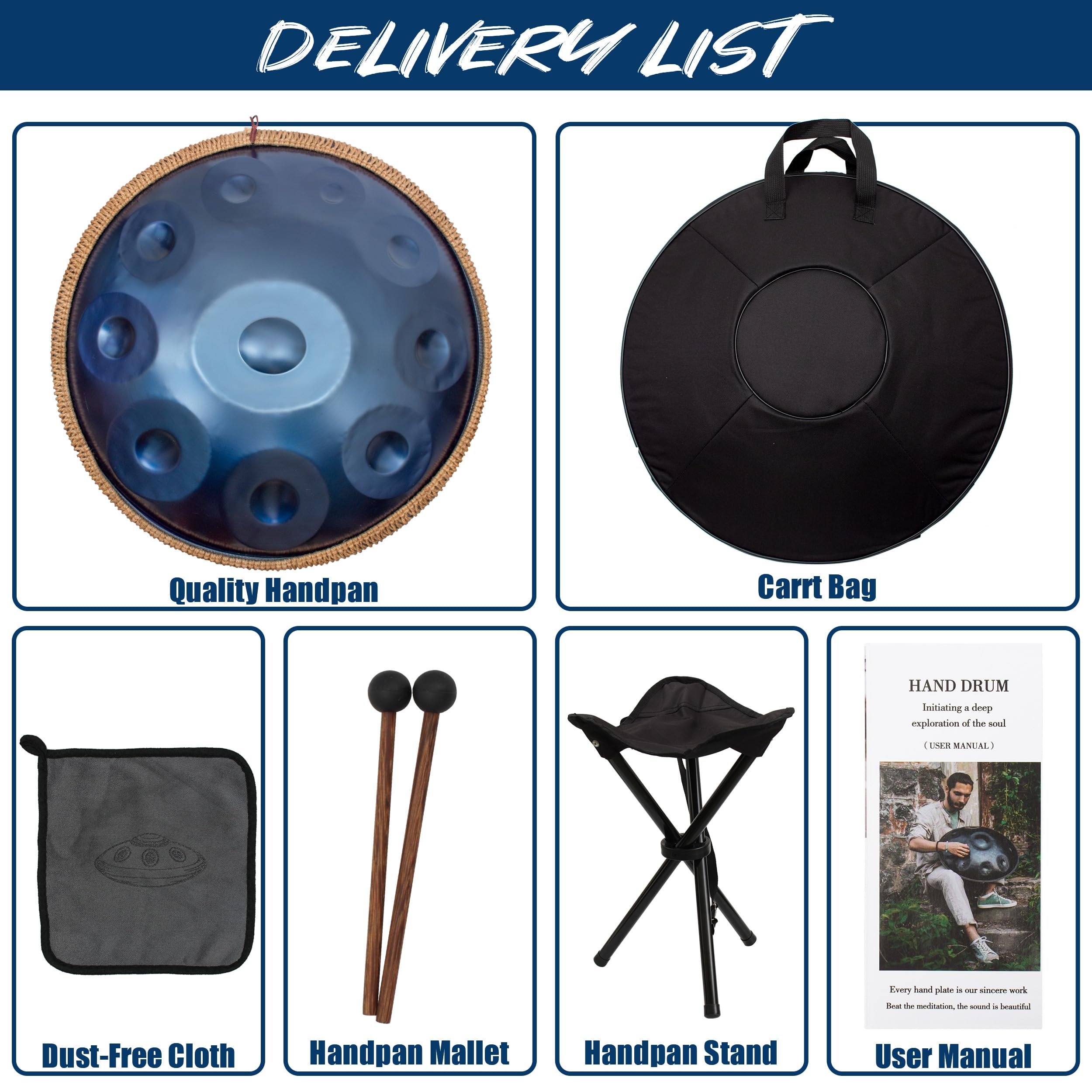LOMUTY Steel Handpan Drum – 22 Inch, D Minor Kurd 440Hz, 10 Notes with Carry Bag, Stand & Accessories – Blue