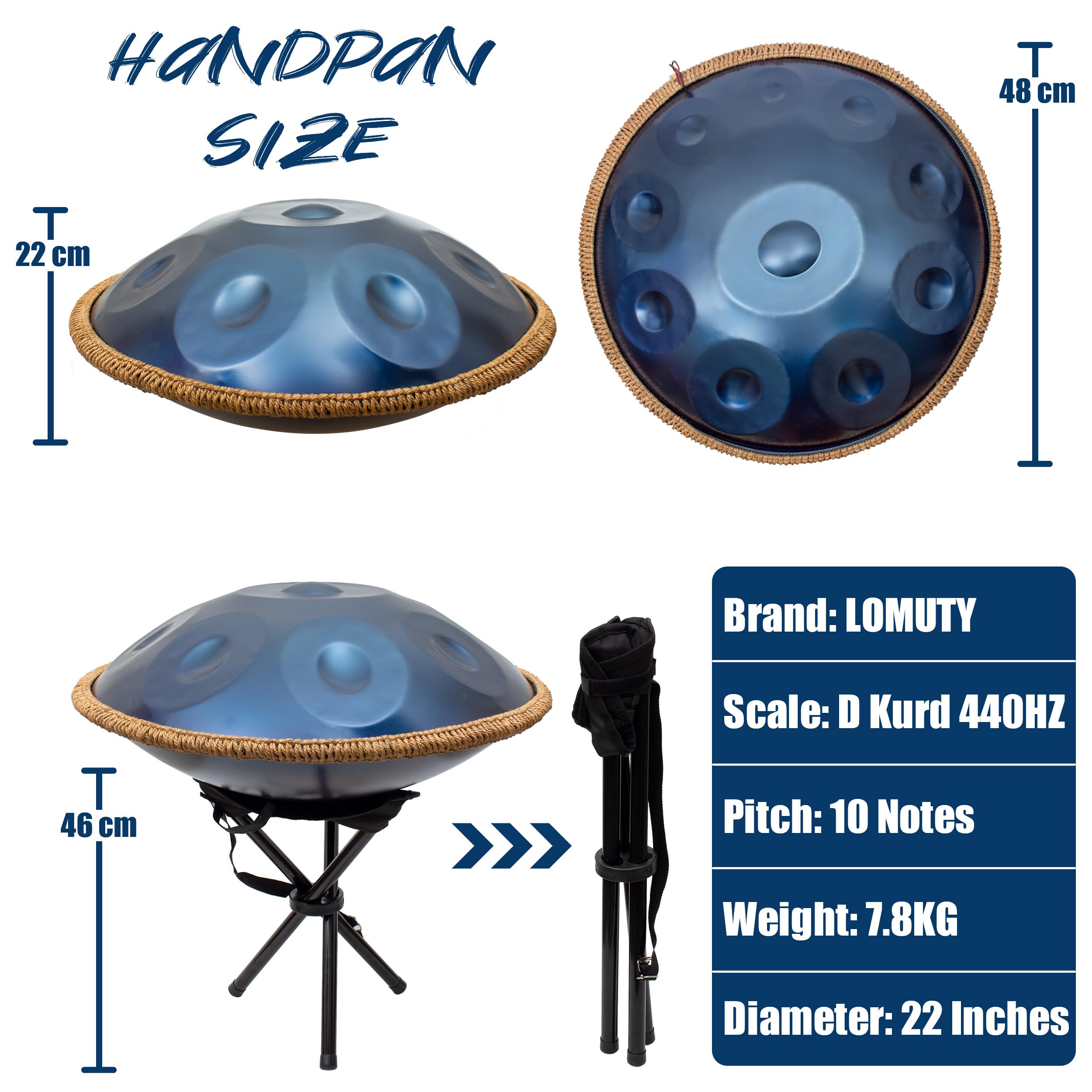 LOMUTY Steel Handpan Drum – 22 Inch, D Minor Kurd 440Hz, 10 Notes with Carry Bag, Stand & Accessories – Blue