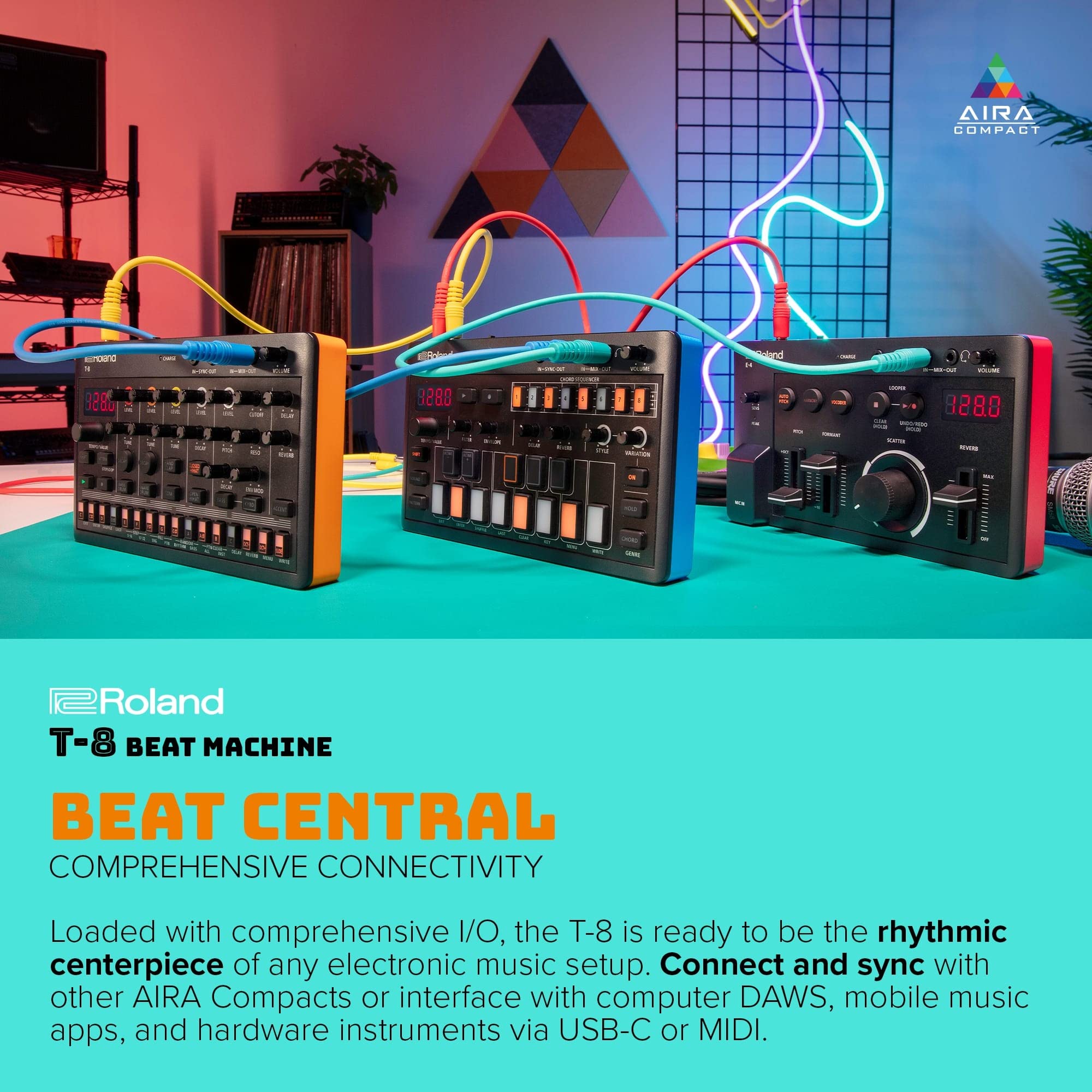 Roland AIRA Compact T-8 Beat Machine – Portable Rhythm and Bass Machine with TR-808, TR-909, TR-606 and TB-303 Sounds – Black/Orange