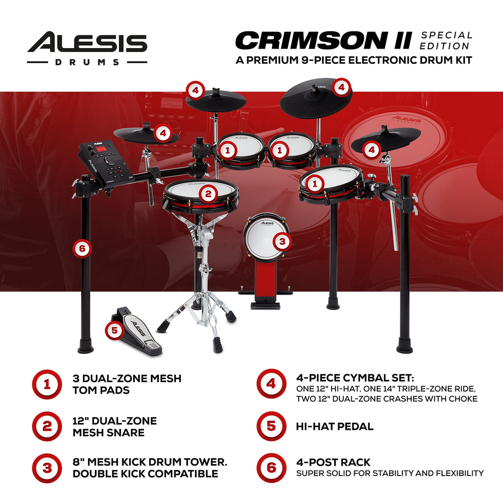 Alesis Crimson II SE Electronic Drum Kit with Mesh Pads, Triple-Zone Ride & MIDI – Black