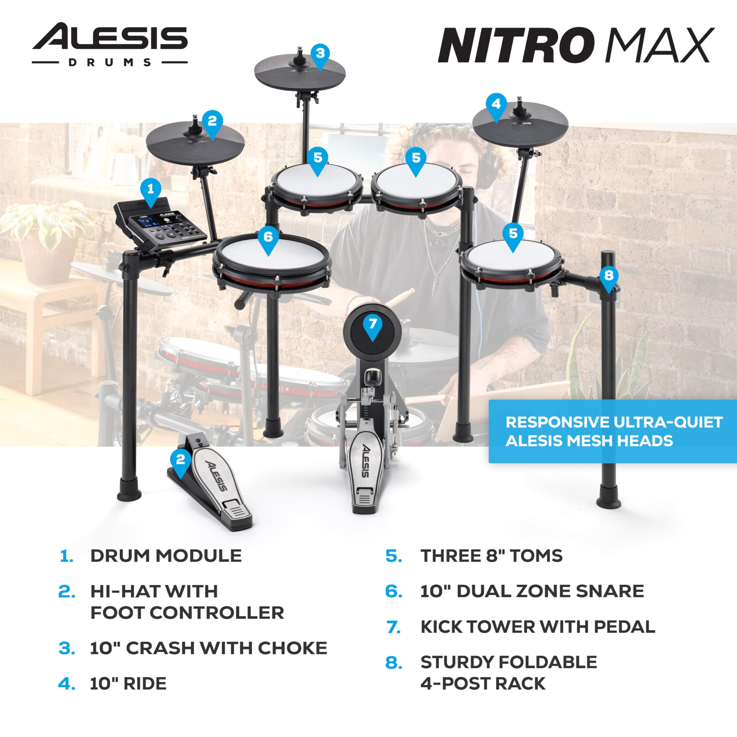 Alesis Nitro Max Electronic Drum Kit with Mesh Heads, Bluetooth, USB MIDI & 70W Rack-Mount Drum Amplifier