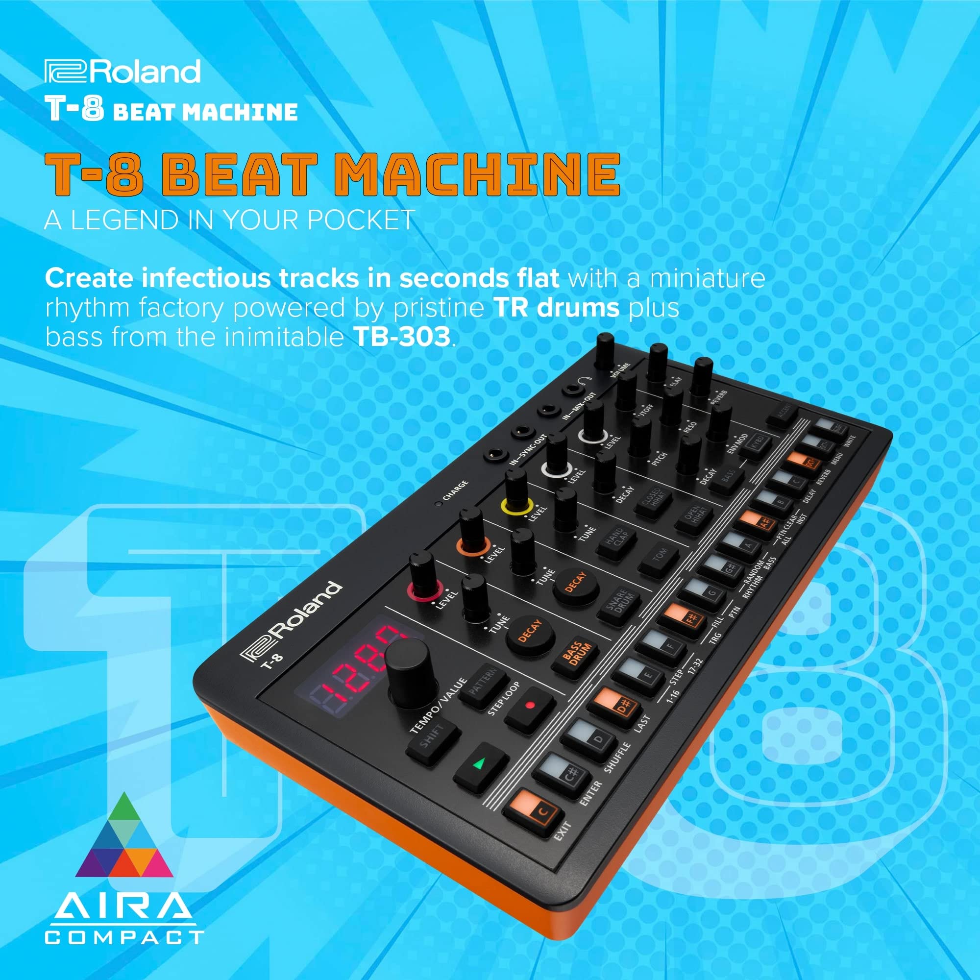 Roland AIRA Compact T-8 Beat Machine – Portable Rhythm and Bass Machine with TR-808, TR-909, TR-606 and TB-303 Sounds – Black/Orange