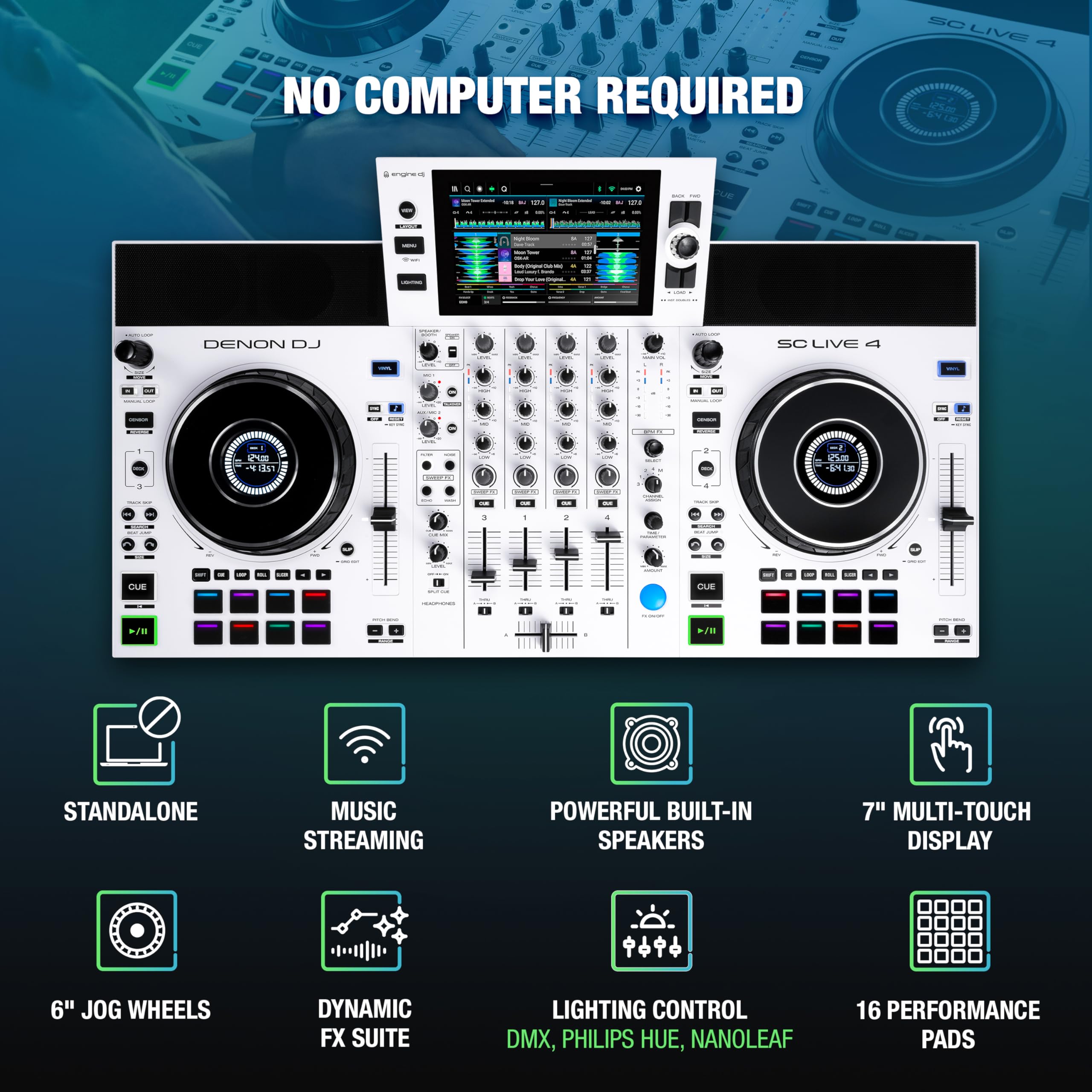 Denon DJ SC LIVE 4 WHITE – Standalone 4-Deck DJ Controller with Stems, Wi-Fi Streaming & Built-in Speakers