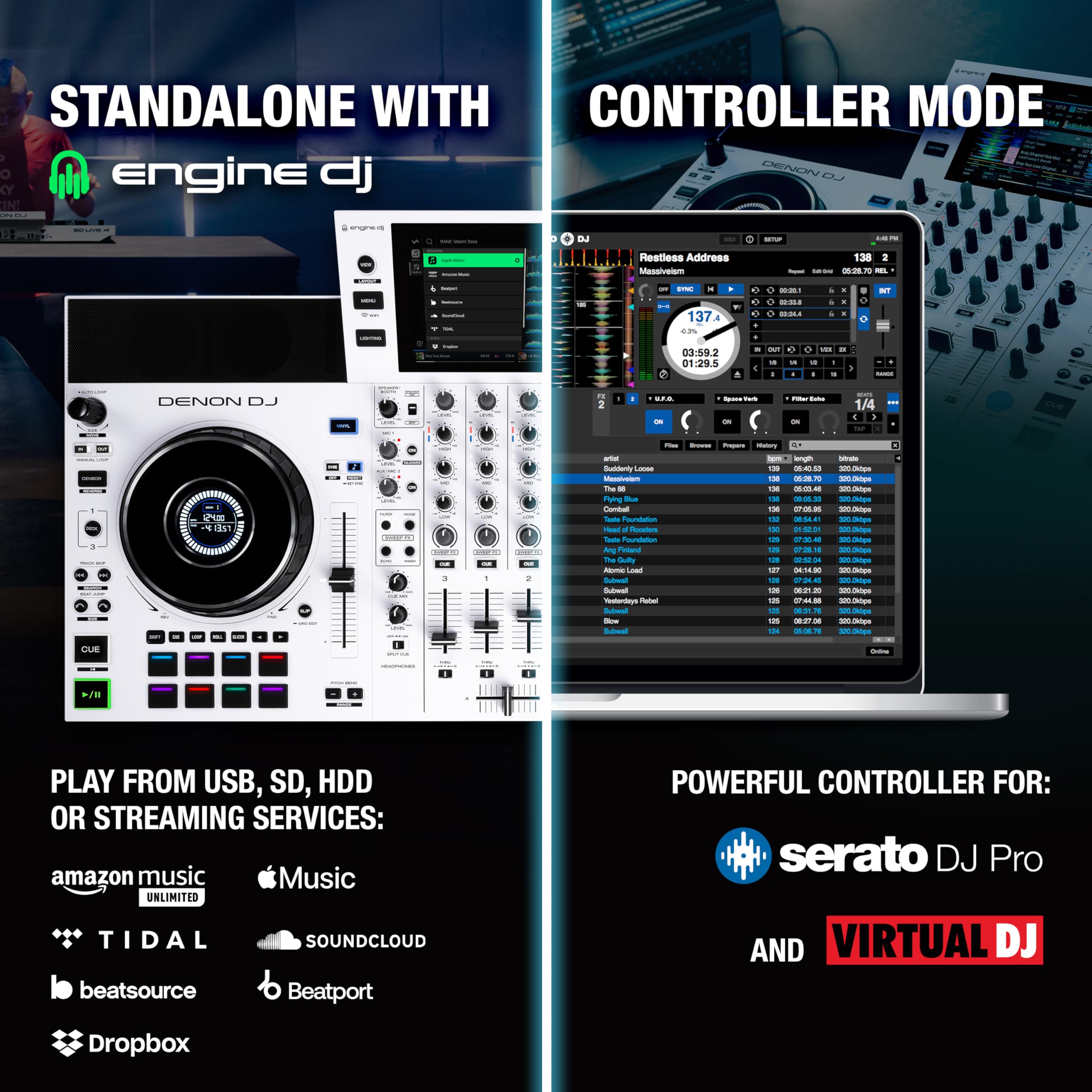 Denon DJ SC LIVE 4 WHITE – Standalone 4-Deck DJ Controller with Stems, Wi-Fi Streaming & Built-in Speakers