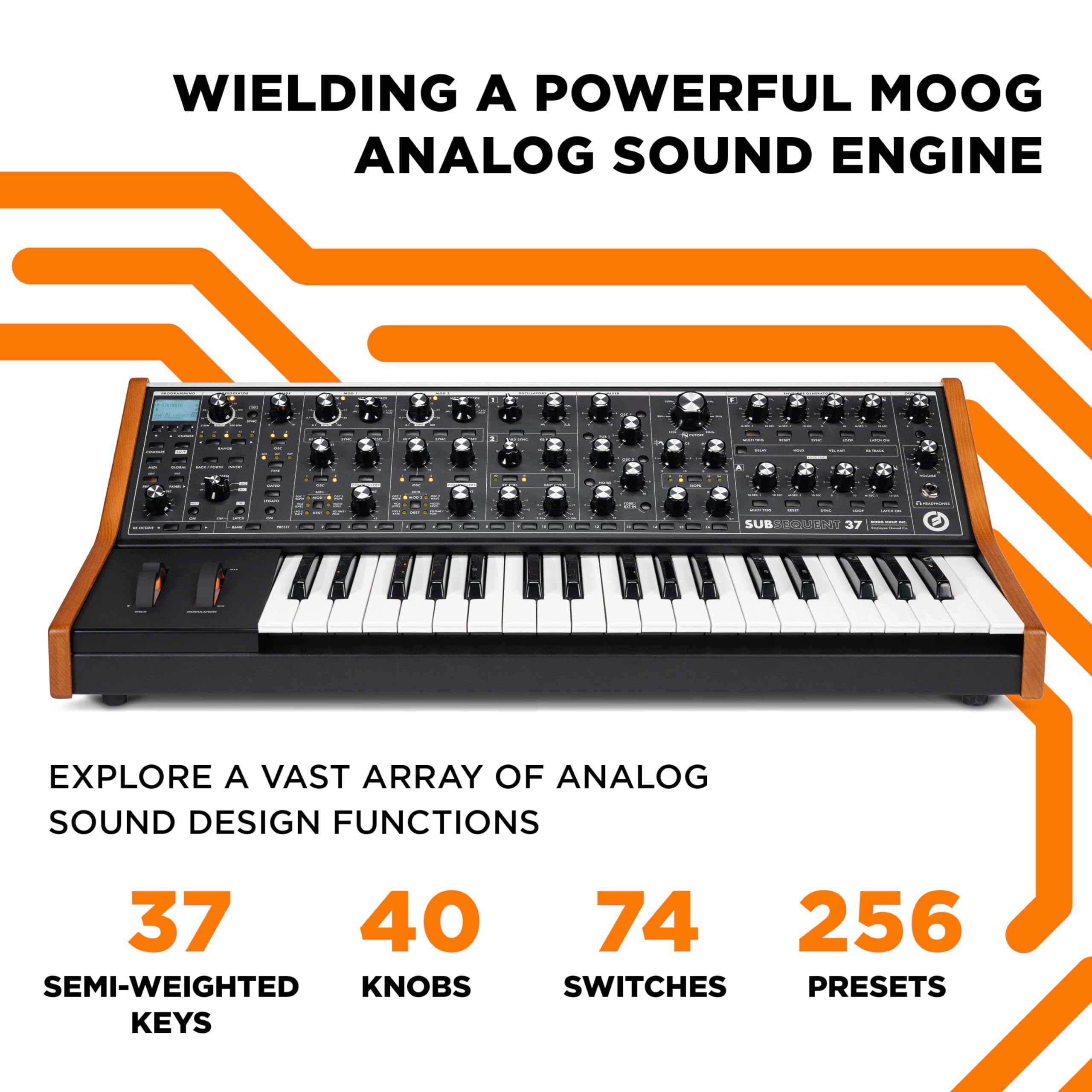 Moog Subsequent 37 Paraphonic Analog Synthesizer with 37 Semi-Weighted Keys, 256 Presets & Software Editor – Black