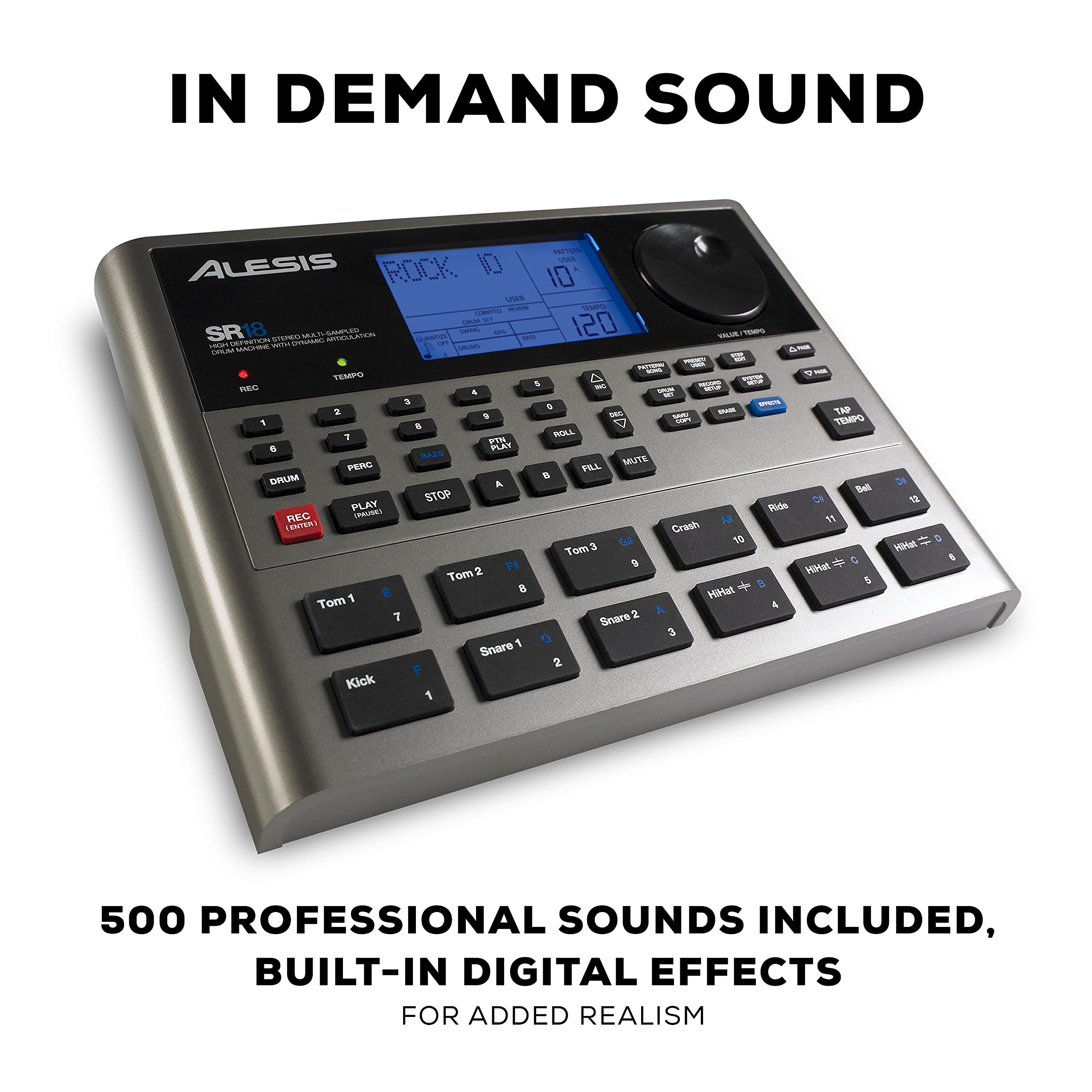 Alesis SR-18 Drum Machine – 500 Sounds, Built-In Effects, MIDI Connectivity, Battery or Adapter Powered – Black
