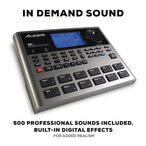 Alesis SR-18 Drum Machine – 500 Sounds, Built-In Effects, MIDI Connectivity, Battery or Adapter Powered – Black