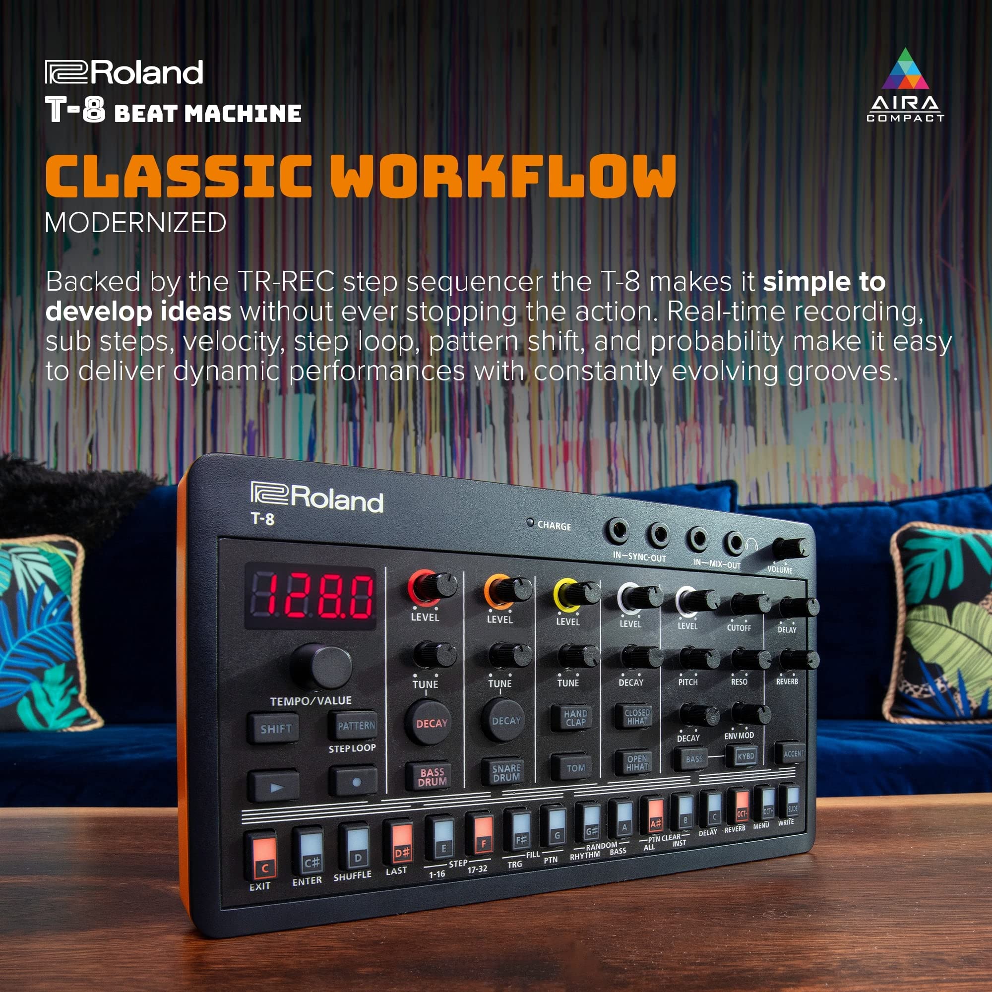 Roland AIRA Compact T-8 Beat Machine – Portable Rhythm and Bass Machine with TR-808, TR-909, TR-606 and TB-303 Sounds – Black/Orange