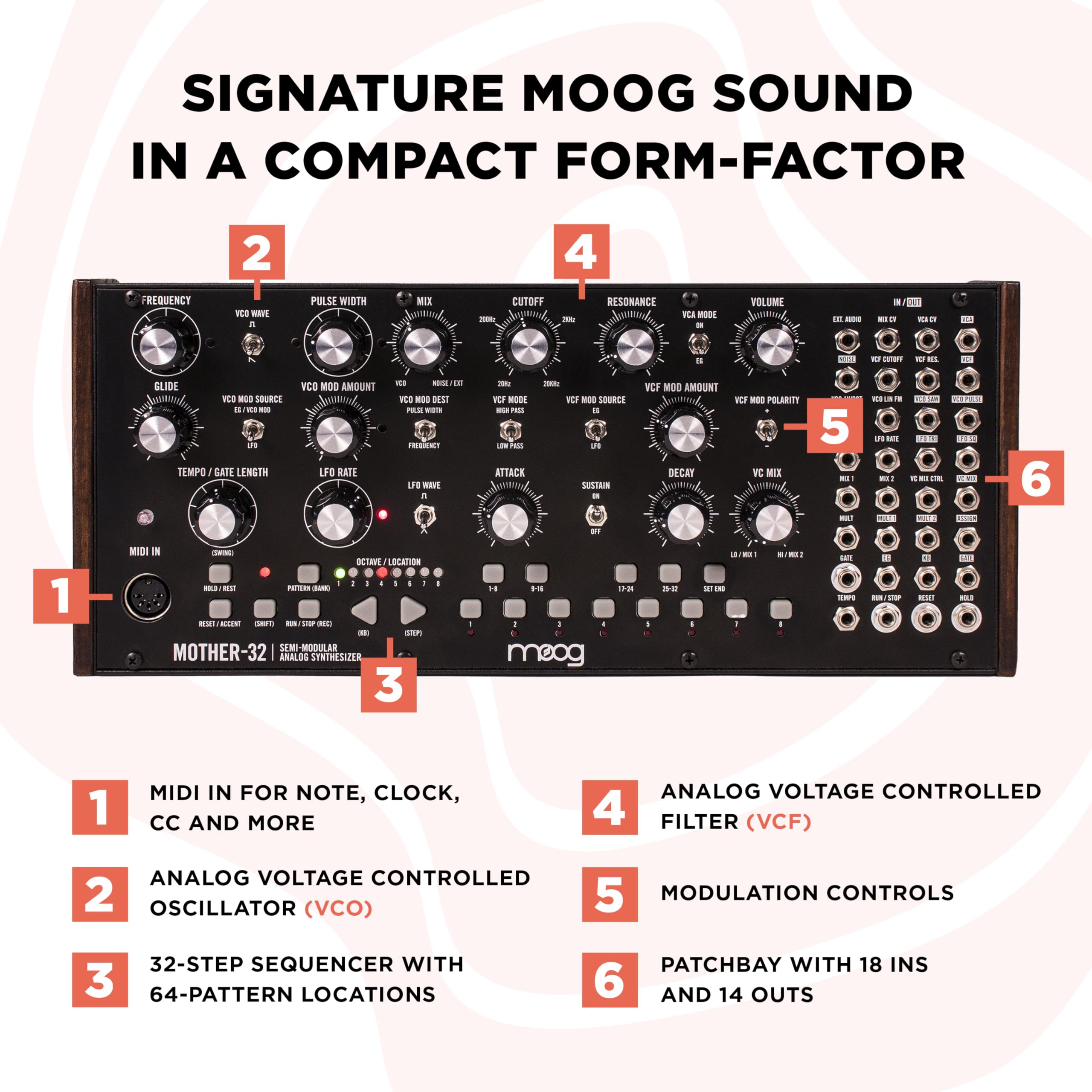 Moog Mother-32 Semi-Modular Analog Synthesizer with 32-Step Sequencer, Ladder Filter, MIDI In and Eurorack Compatibility – Black