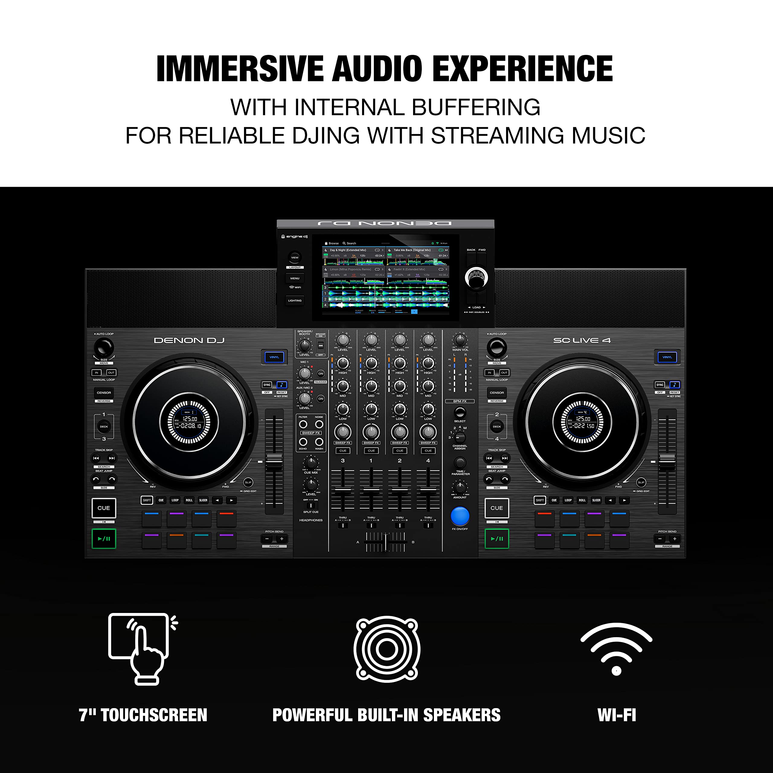Denon DJ SC LIVE 4 Standalone DJ Controller with Wi-Fi Streaming + 2x Alto TS410 2000W 10" Active PA Speakers