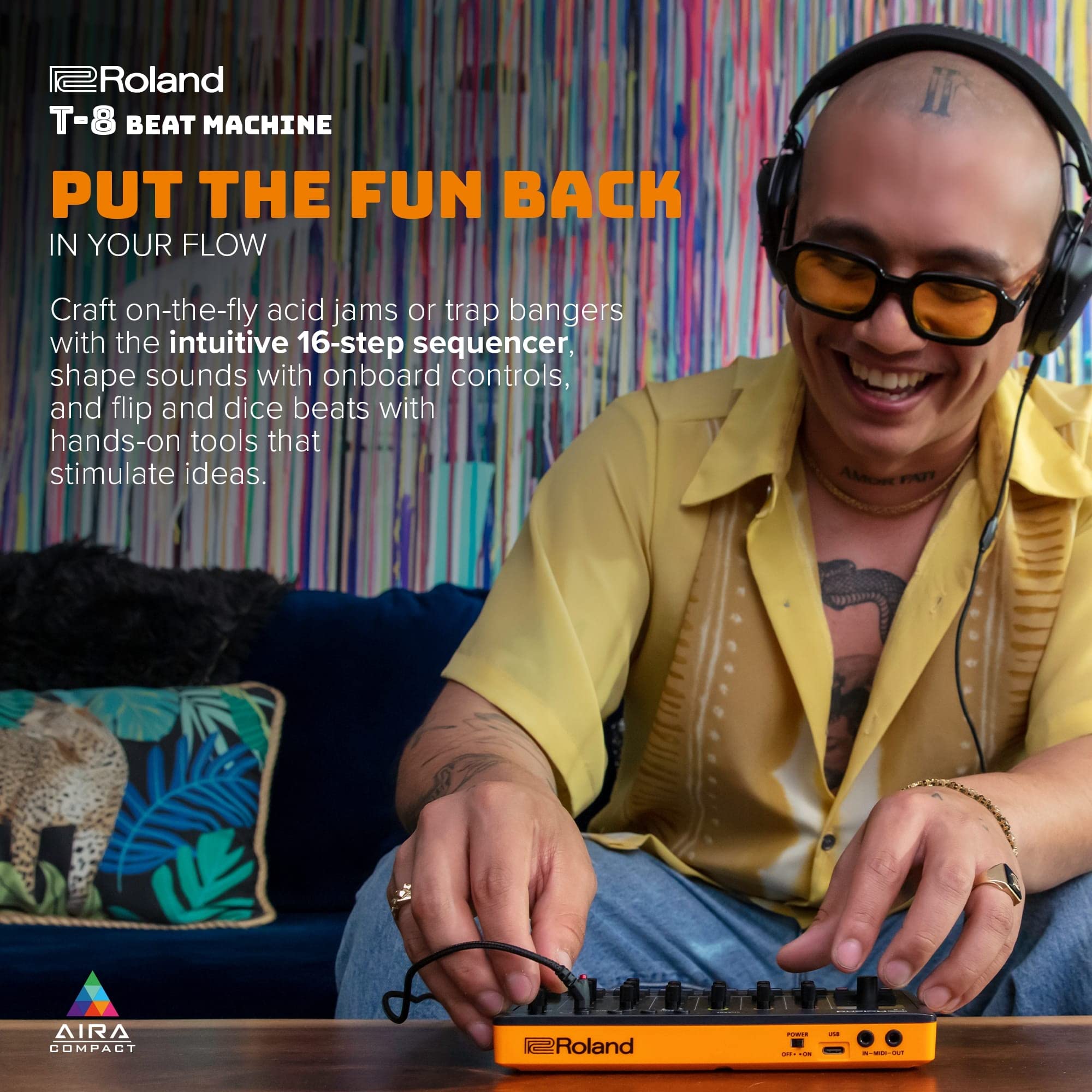 Roland AIRA Compact T-8 Beat Machine – Portable Rhythm and Bass Machine with TR-808, TR-909, TR-606 and TB-303 Sounds – Black/Orange