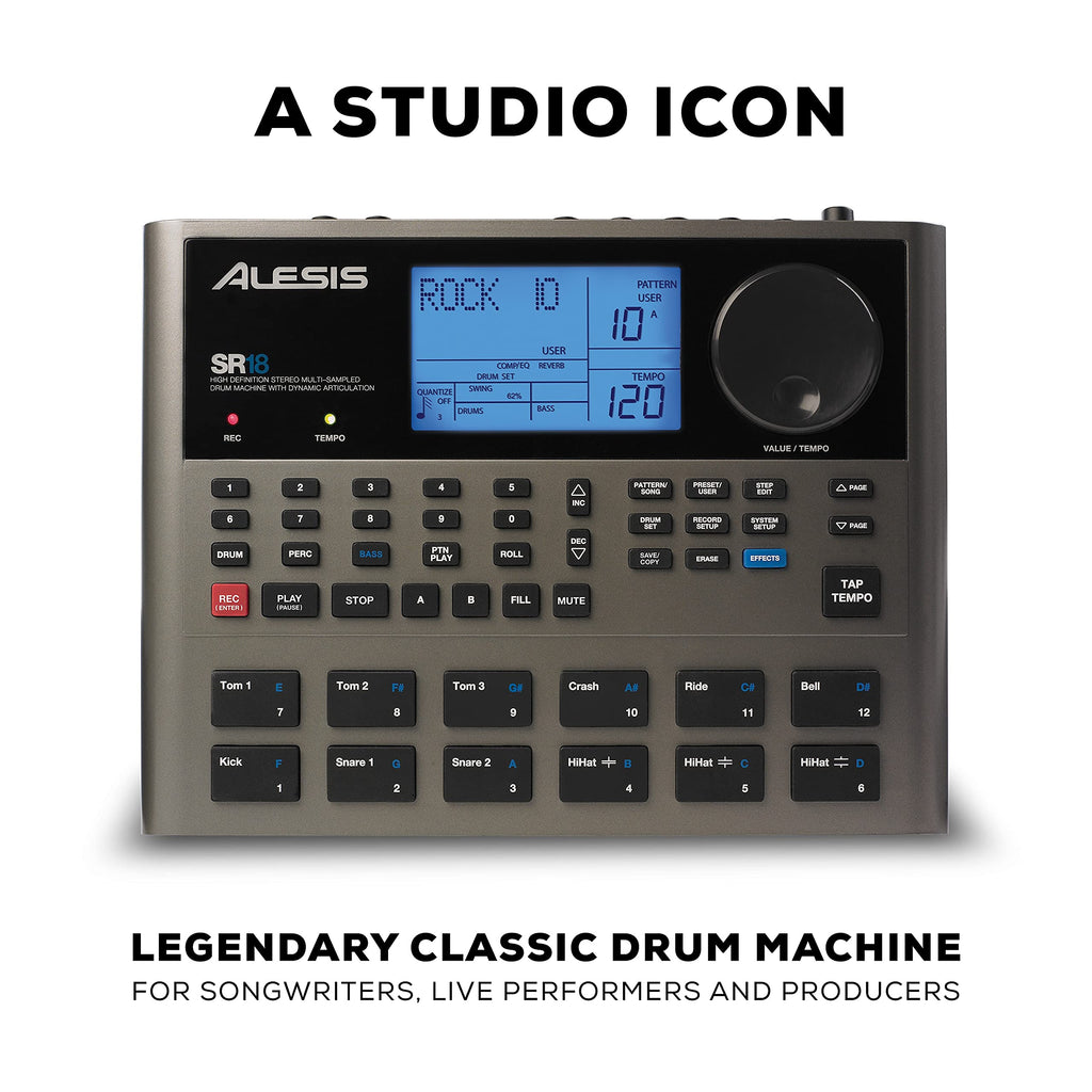 Alesis SR-18 Drum Machine – 500 Sounds, Built-In Effects, MIDI Connectivity, Battery or Adapter Powered – Black