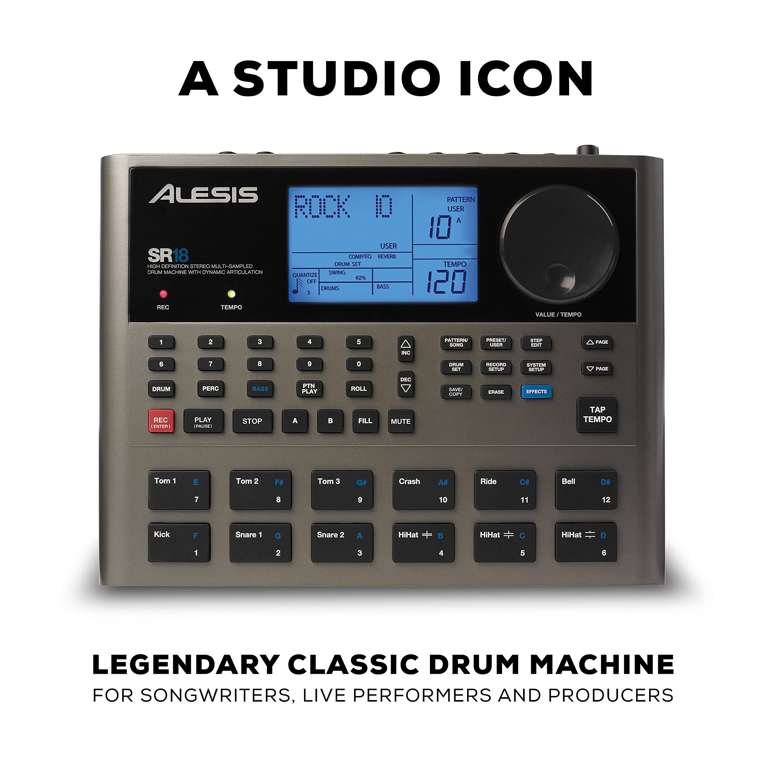 Alesis SR-18 Drum Machine – 500 Sounds, Built-In Effects, MIDI Connectivity, Battery or Adapter Powered – Black