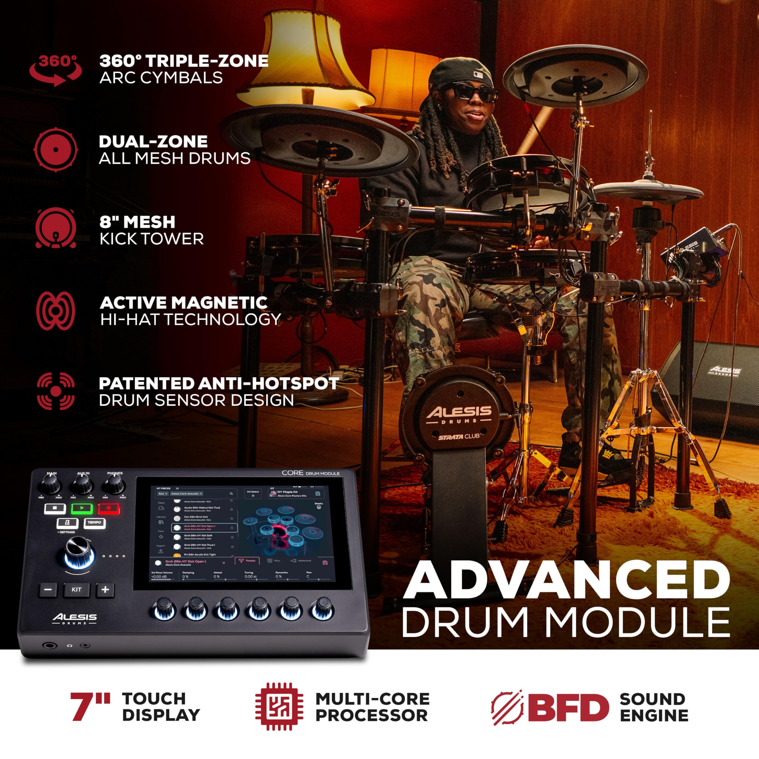 Alesis Strata Club Electric Drum Kit with 144K Samples, Mesh Pads, Triple-Zone Cymbals & Touchscreen