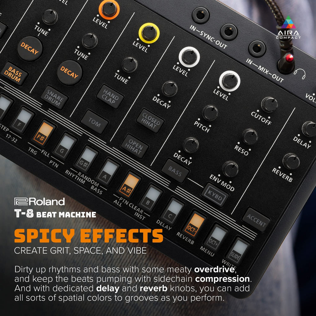 Roland AIRA Compact T-8 Beat Machine – Portable Rhythm and Bass Machine with TR-808, TR-909, TR-606 and TB-303 Sounds – Black/Orange