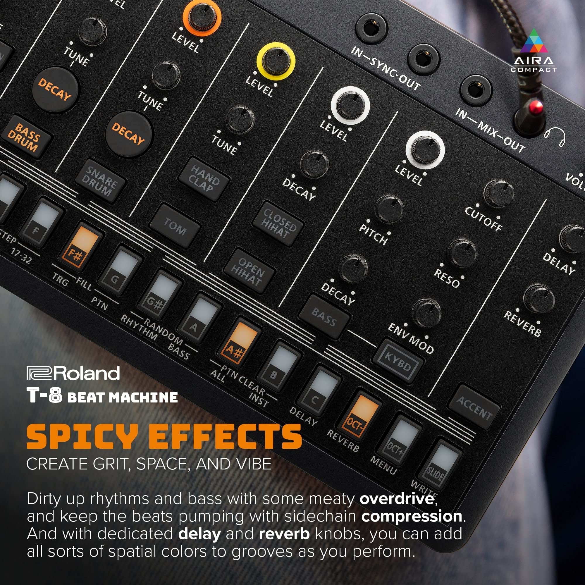 Roland AIRA Compact T-8 Beat Machine – Portable Rhythm and Bass Machine with TR-808, TR-909, TR-606 and TB-303 Sounds – Black/Orange