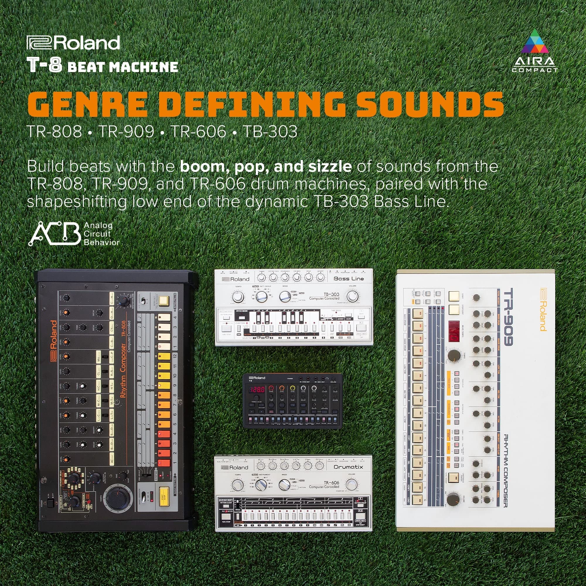 Roland AIRA Compact T-8 Beat Machine – Portable Rhythm and Bass Machine with TR-808, TR-909, TR-606 and TB-303 Sounds – Black/Orange